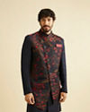 Dark Blue Indo Western With Red Floral Motifs